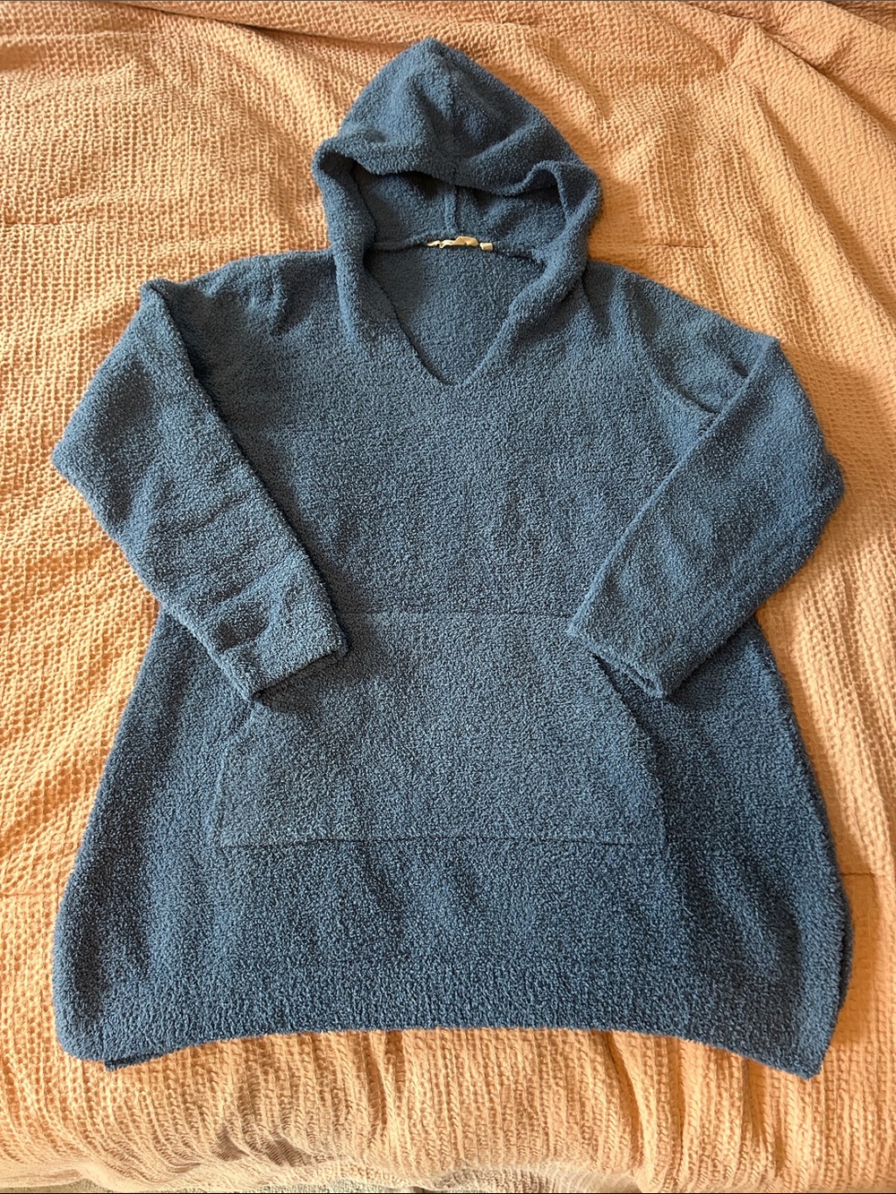 Soft Surroundings Slate Blue Plush V-Neck Hooded Sweater